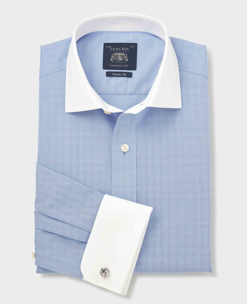 Men's Blue Cotton Poplin Prince of Wales Check Classic Fit Non-Iron Shirt With Double Cuffs folded