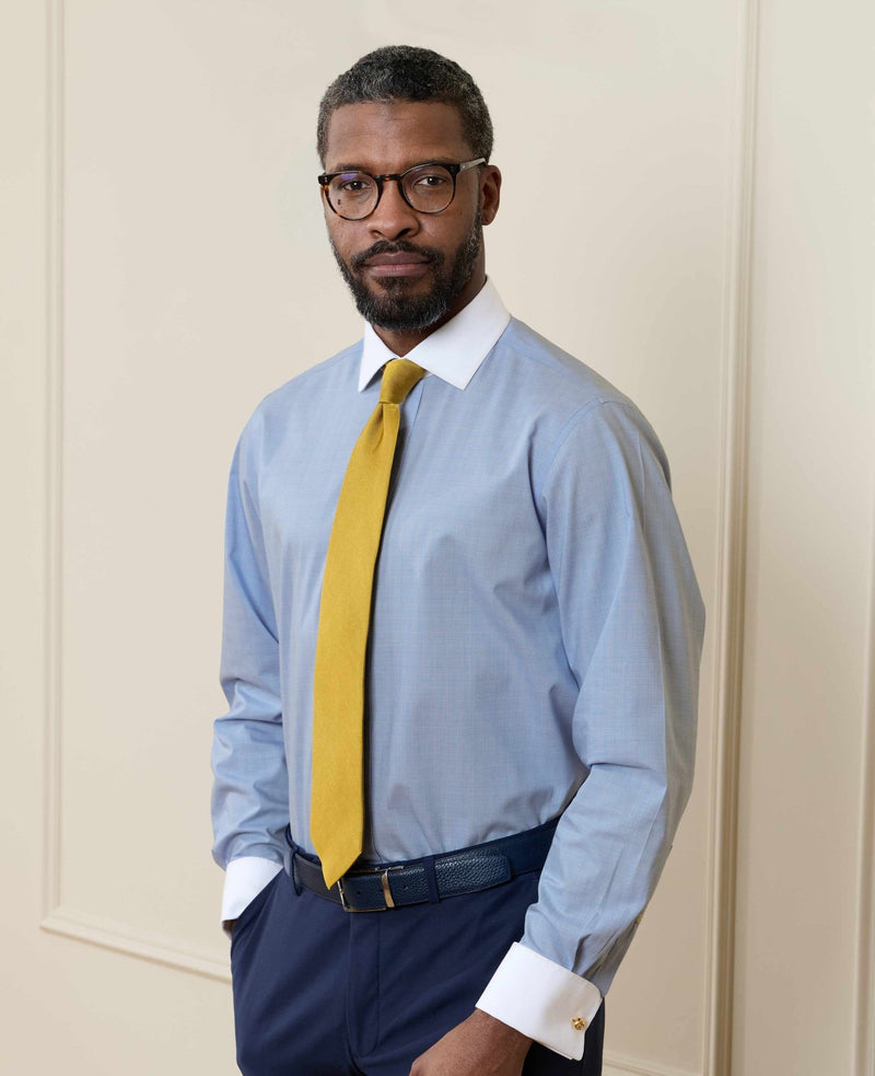 Blue Cotton Poplin Prince of Wales Check Classic Fit Non-Iron Shirt - Double Cuff