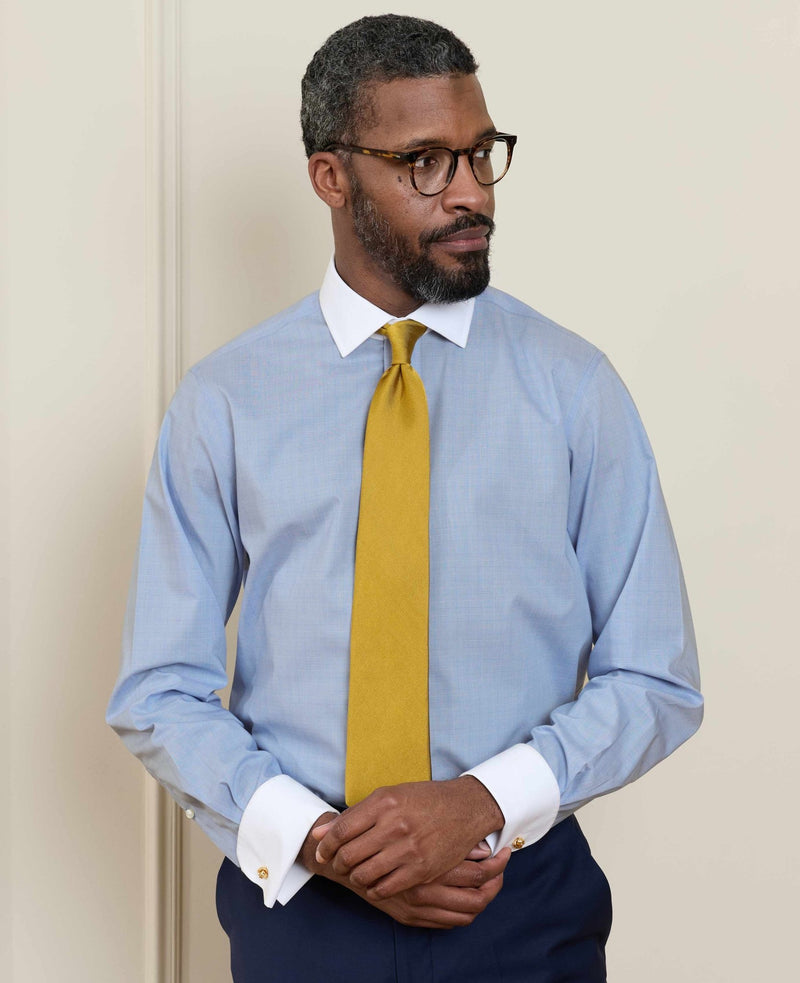 Blue Cotton Poplin Prince of Wales Check Classic Fit Non-Iron Shirt - Double Cuff