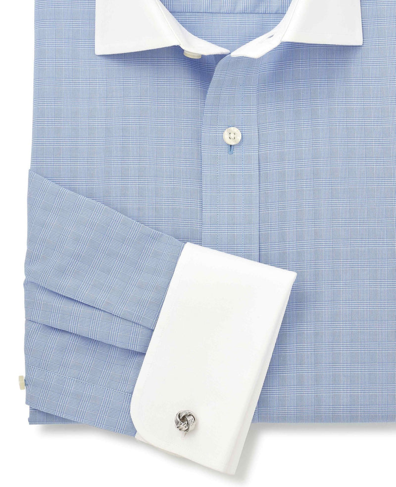 Men's Blue Cotton Poplin Prince of Wales Check Classic Fit Non-Iron Shirt With Double Cuffs sleeve detail