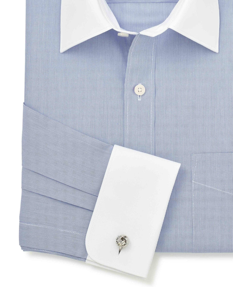 Men's Blue Cotton Poplin Stripe Classic Fit Winchester Formal Shirt With Double Cuffs sleeve detail