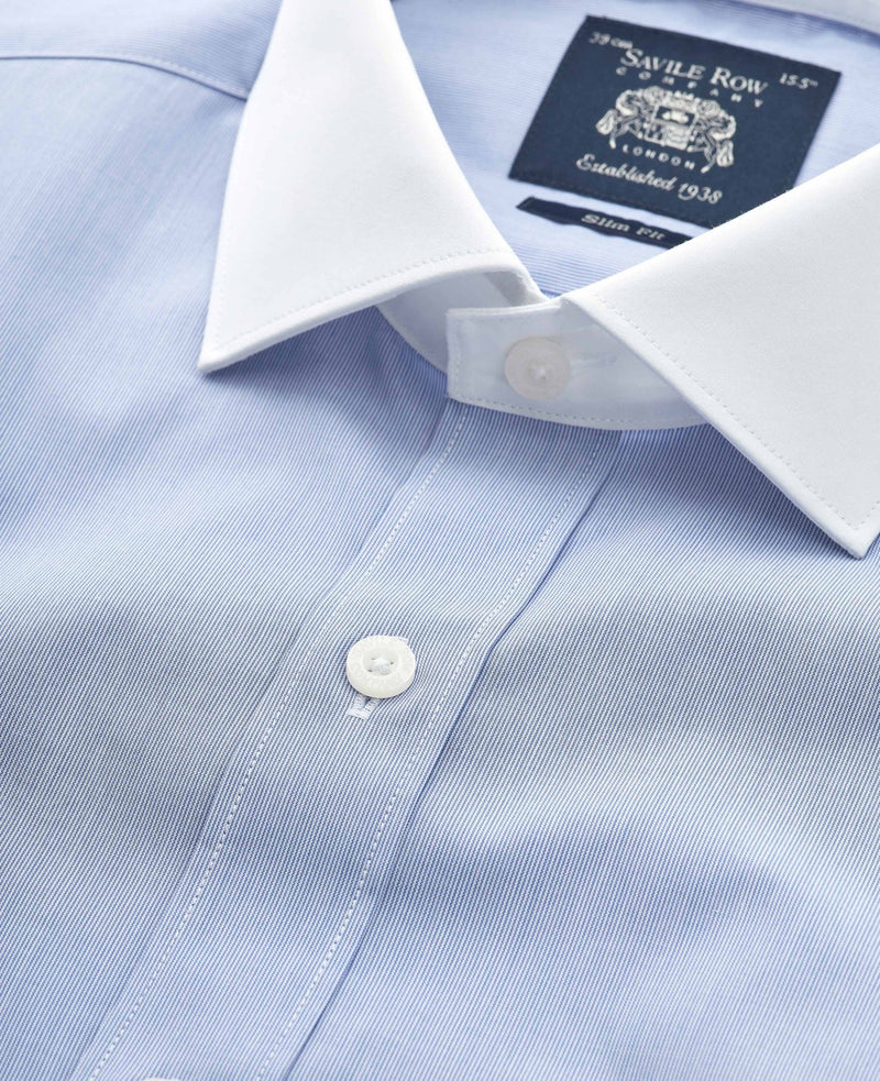Blue Cotton Poplin Stripe Slim Fit Winchester Formal Shirt - Double Cuff