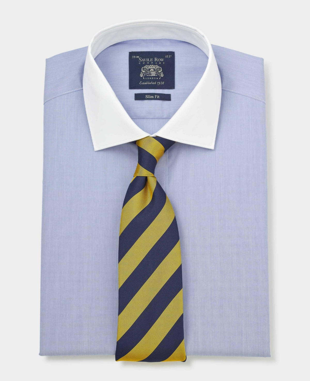 Men's Blue Cotton Poplin Stripe Slim Fit Winchester Formal Shirt With Double Cuffs folded shot