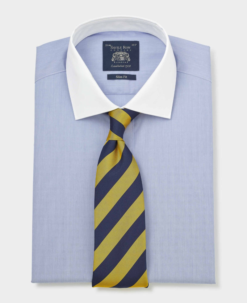 Blue Cotton Poplin Stripe Slim Fit Winchester Formal Shirt - Double Cuff