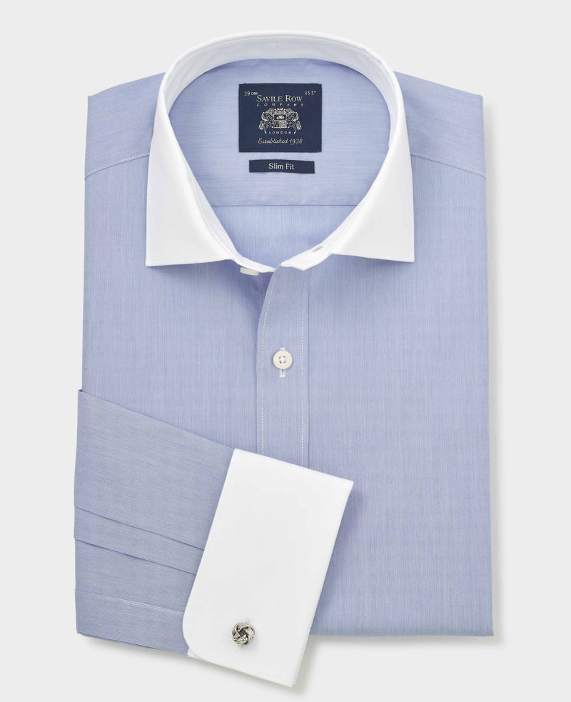 Blue Cotton Poplin Stripe Slim Fit Winchester Formal Shirt - Double Cuff