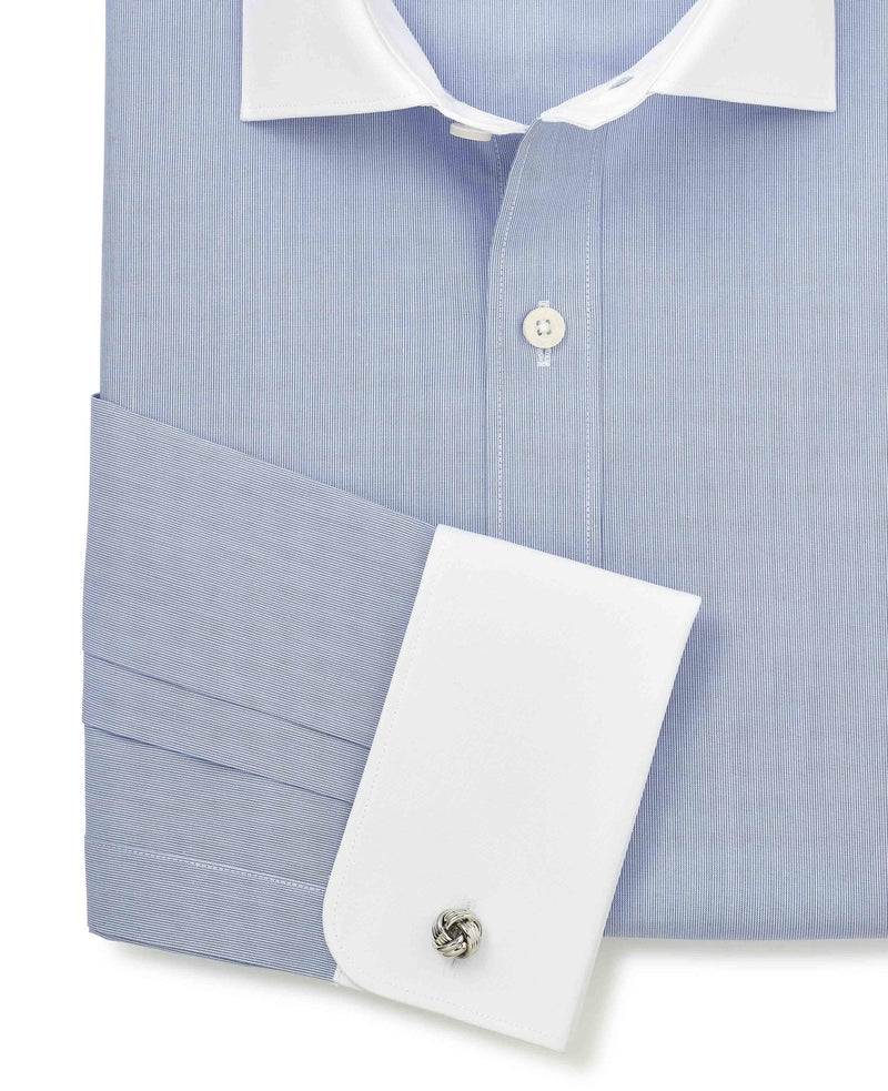 Blue Cotton Poplin Stripe Slim Fit Winchester Formal Shirt - Double Cuff