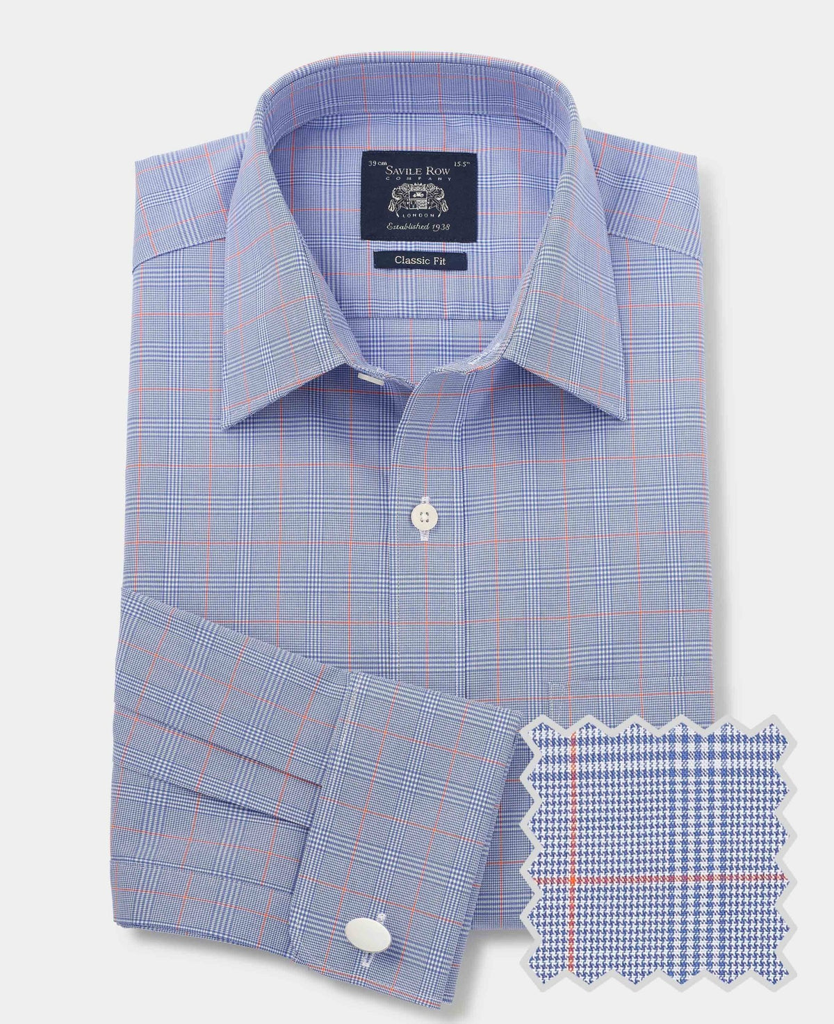 Men's Blue Cotton Prince of Wales Check Classic Fit Formal Shirt With Double Cuffs product shot with swatch