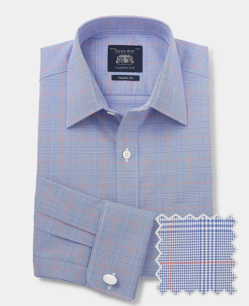 Blue Cotton Prince of Wales Check Classic Fit Formal Shirt - Double Cuff