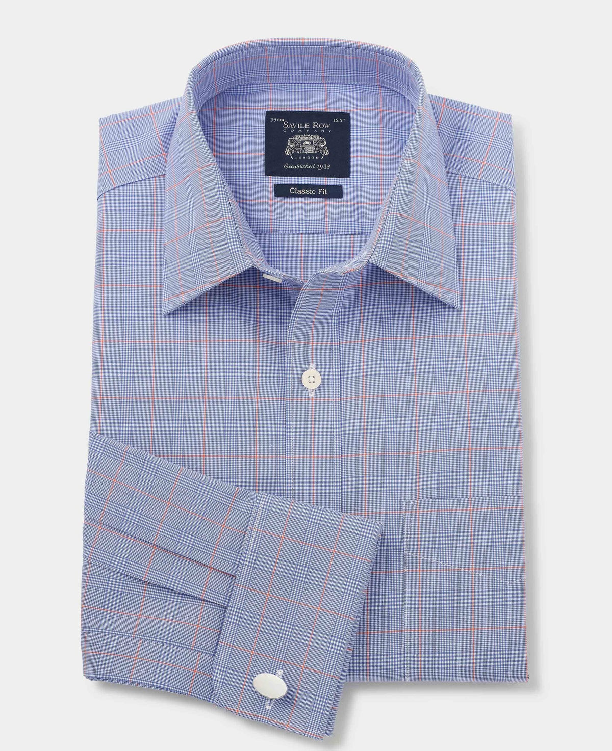 Men's Blue Check Business Dress Shirt | French Cuff, Spread Collar | 100% Cotton, 2XL/3XL