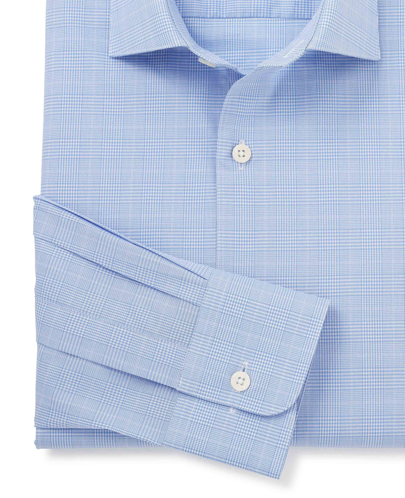 blue cotton prince of wales check slim fit formal shirt single cuff 1500blu No Tie detail