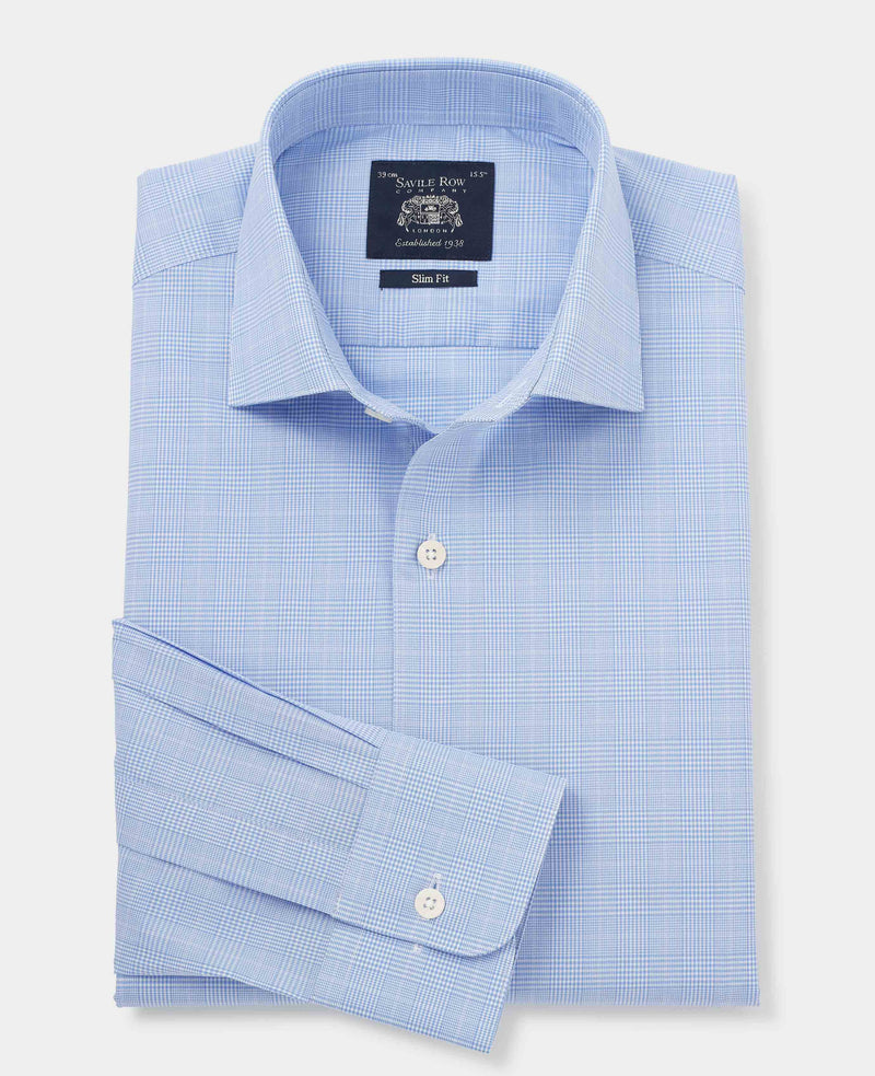 blue cotton prince of wales check slim fit formal shirt single cuff 1500blu No Tie grey