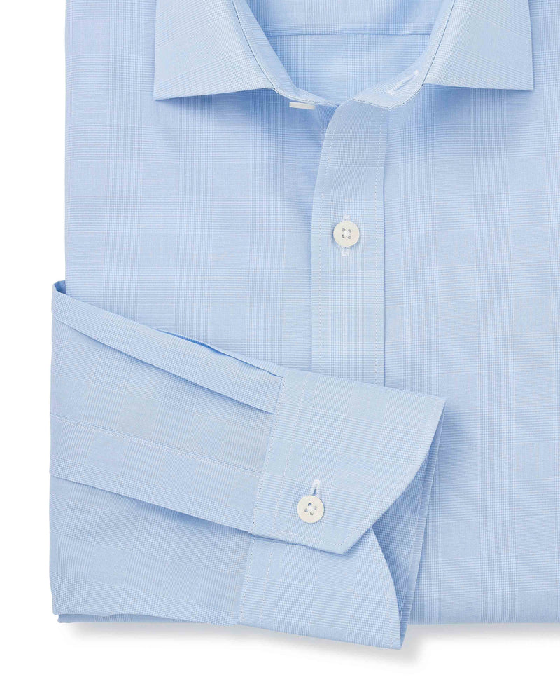 Men's Blue Cotton Prince of Wales Check Slim Fit Formal Shirt sleeve detail