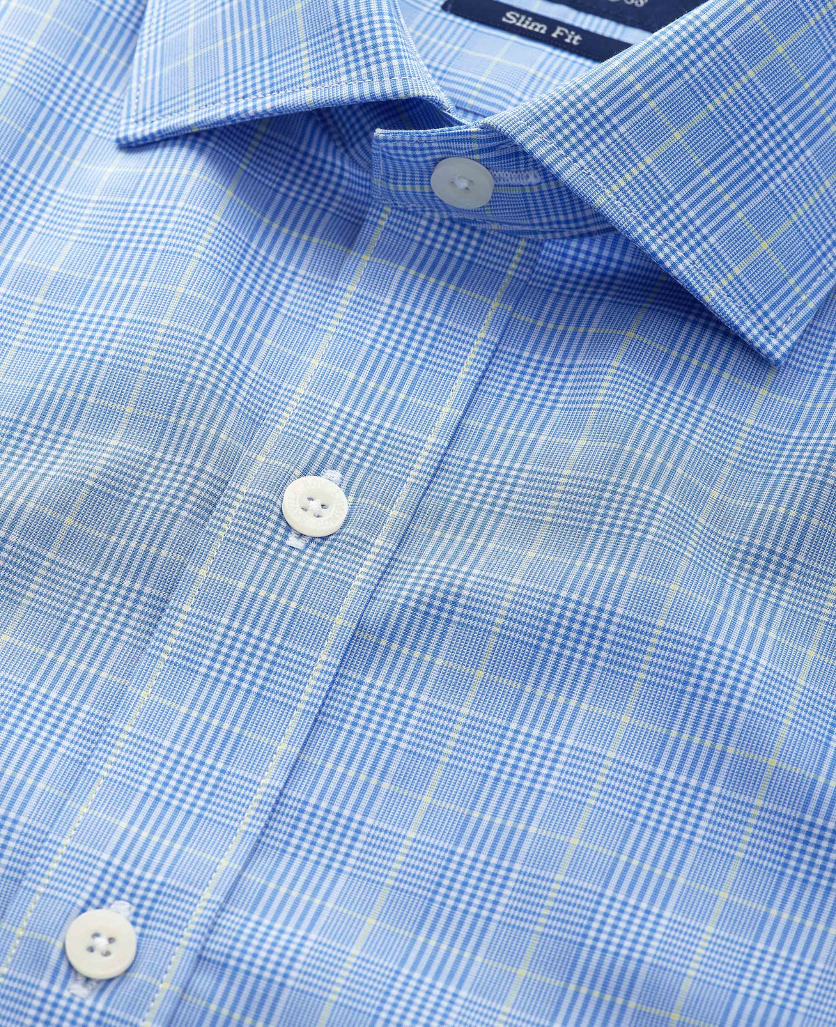 Men's Blue Cotton Prince of Wales Check Slim Fit Formal Shirt With Double Cuffs collar detail