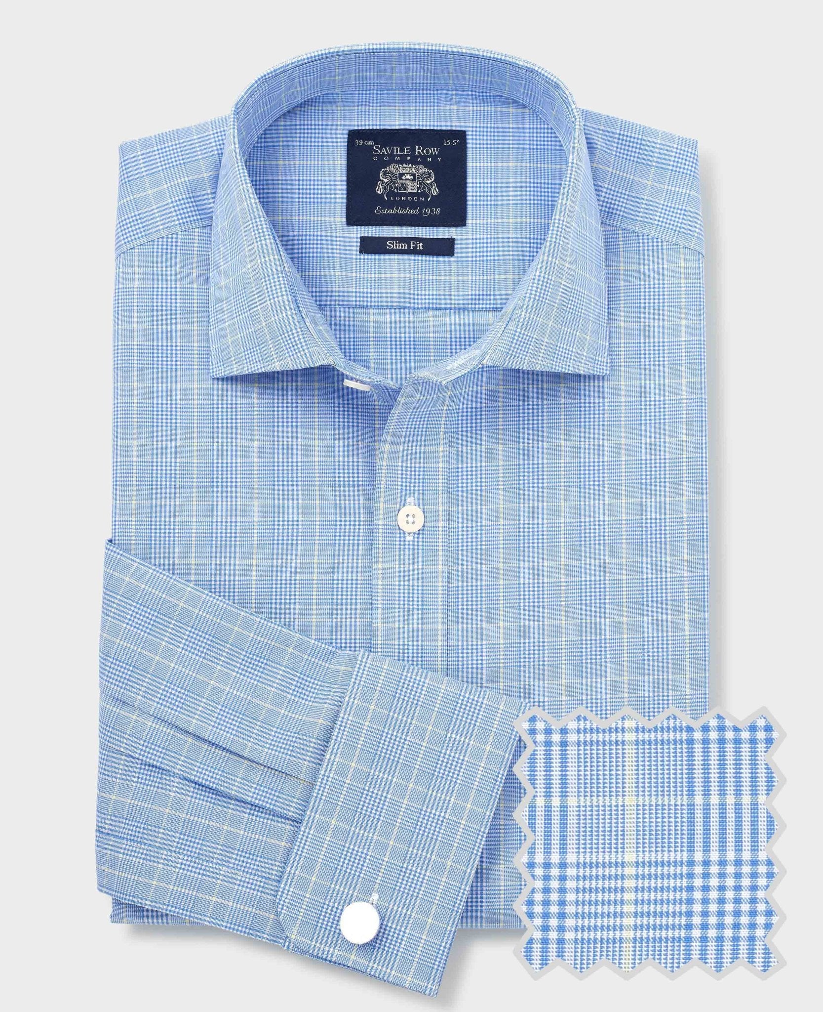 Men's Blue Cotton Prince of Wales Check Slim Fit Formal Shirt With Double Cuffs