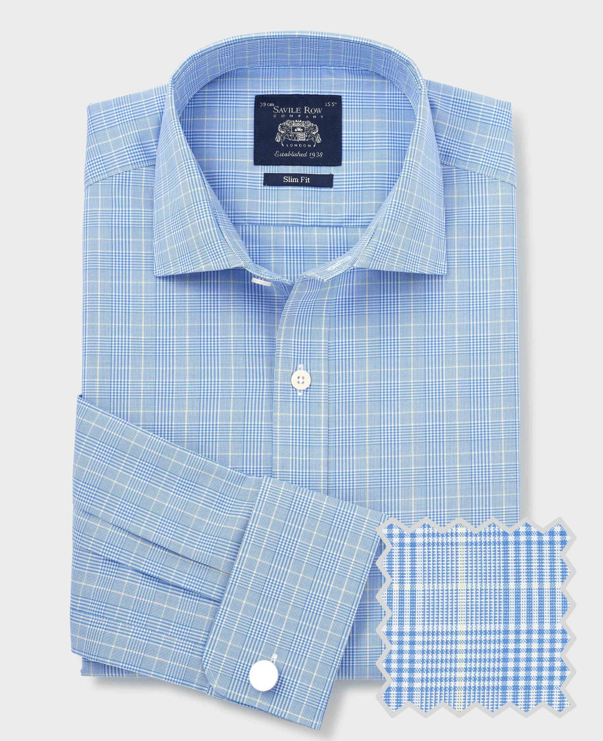 Men's Blue Cotton Prince of Wales Check Slim Fit Formal Shirt With Double Cuffs product shot with swatch
