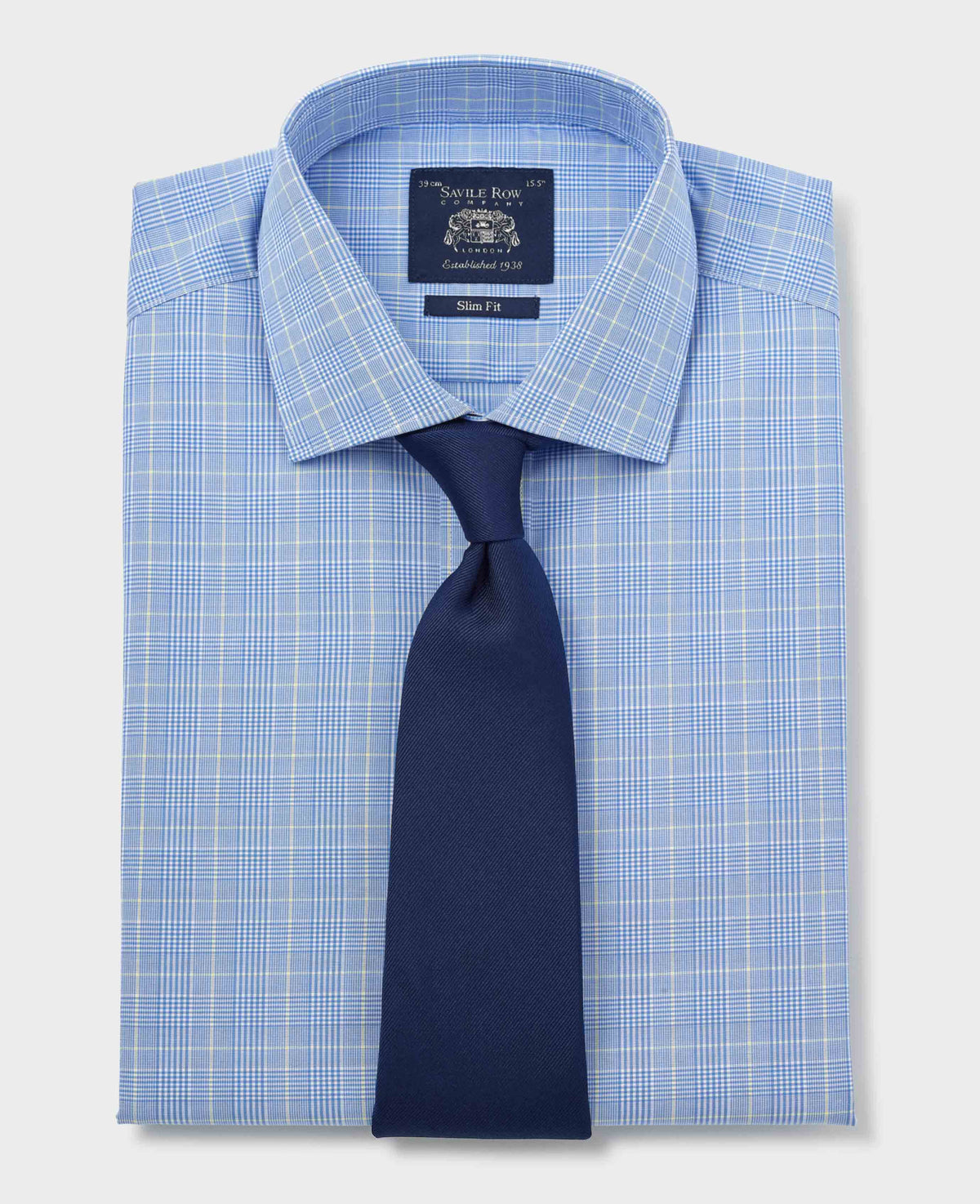 Men's Blue Cotton Prince of Wales Check Slim Fit Formal Shirt With Double Cuffs folded with tie