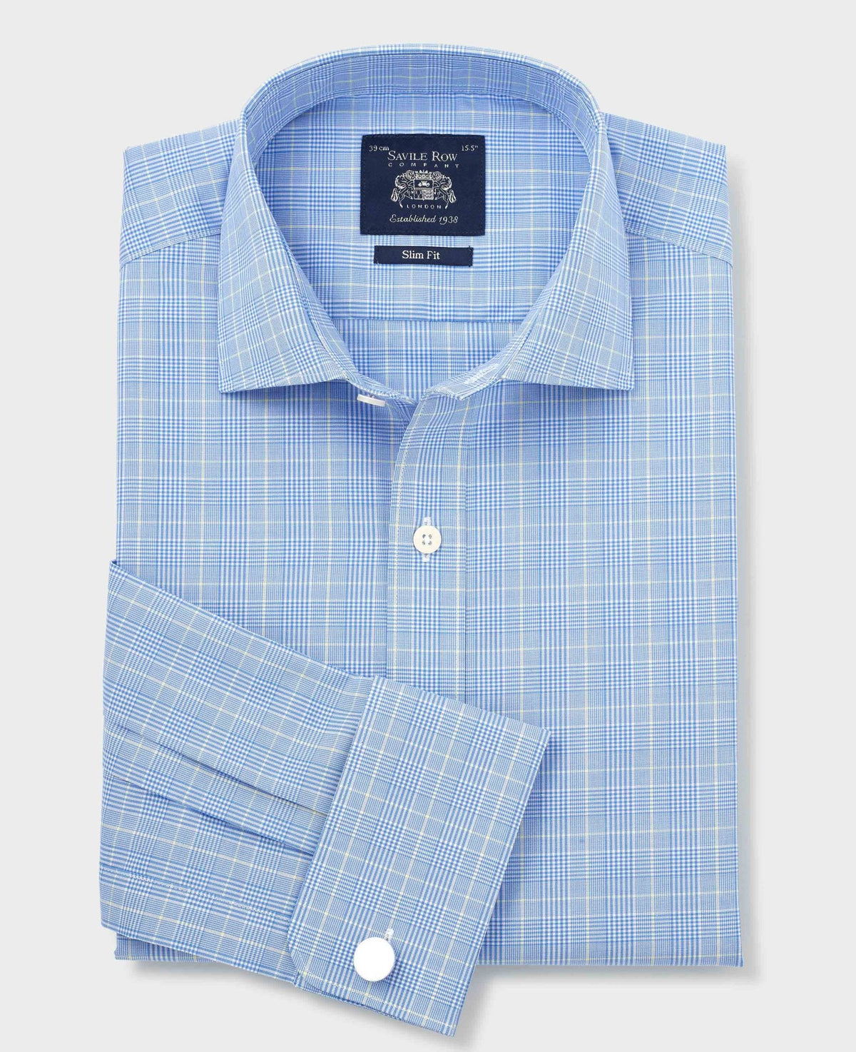 Men's Blue Cotton Prince of Wales Check Slim Fit Formal Shirt With Double Cuffs folded