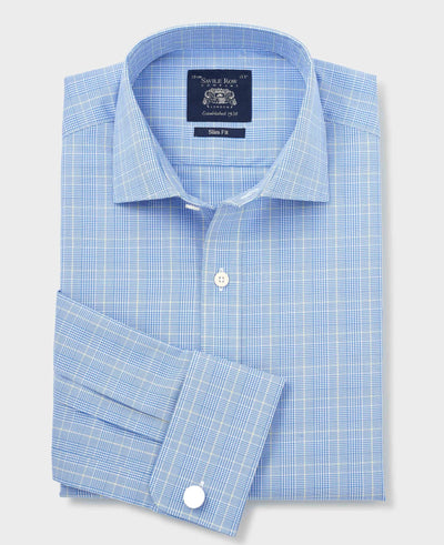 Blue Cotton Prince of Wales Check Slim Fit Formal Shirt - Double Cuff