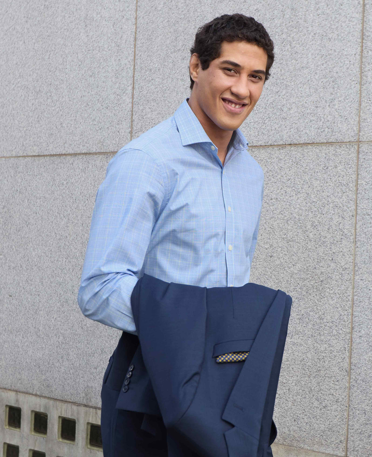 Men's Blue Cotton Prince of Wales Check Slim Fit Formal Shirt With Double Cuffs model shot
