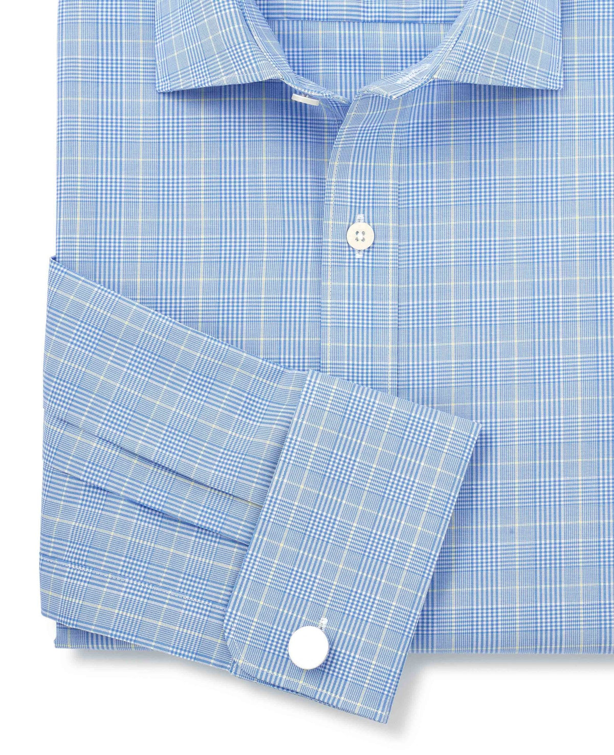 Men's Blue Cotton Prince of Wales Check Slim Fit Formal Shirt With Double Cuffs sleeve detail