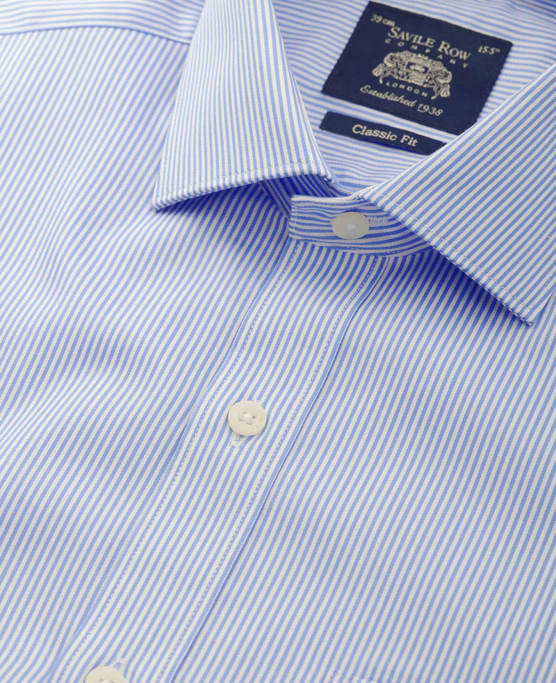 Men's Blue Cotton Twill Classic Fit Striped Formal Shirt collar detail