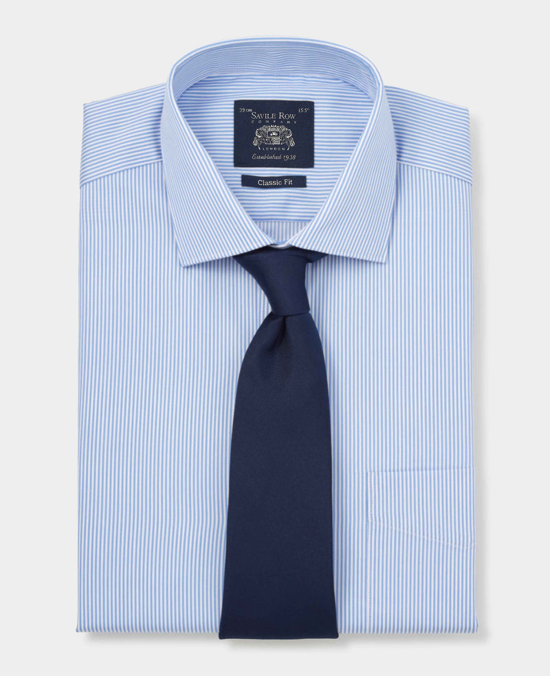 Men's Blue Cotton Twill Classic Fit Striped Formal Shirt folded with tie