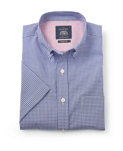 Blue Gingham Check Classic Fit Short Sleeve Shirt