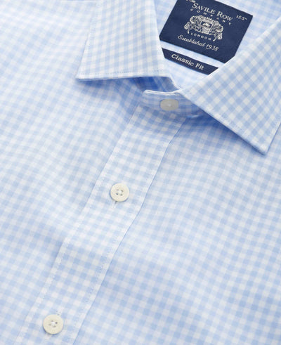 Blue Gingham Check Cotton Poplin Classic Fit Formal Shirt - Single Cuff