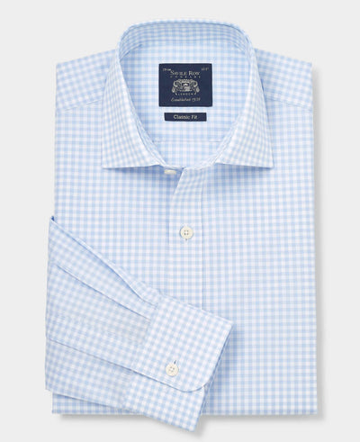 Blue Gingham Check Cotton Poplin Classic Fit Formal Shirt - Single Cuff