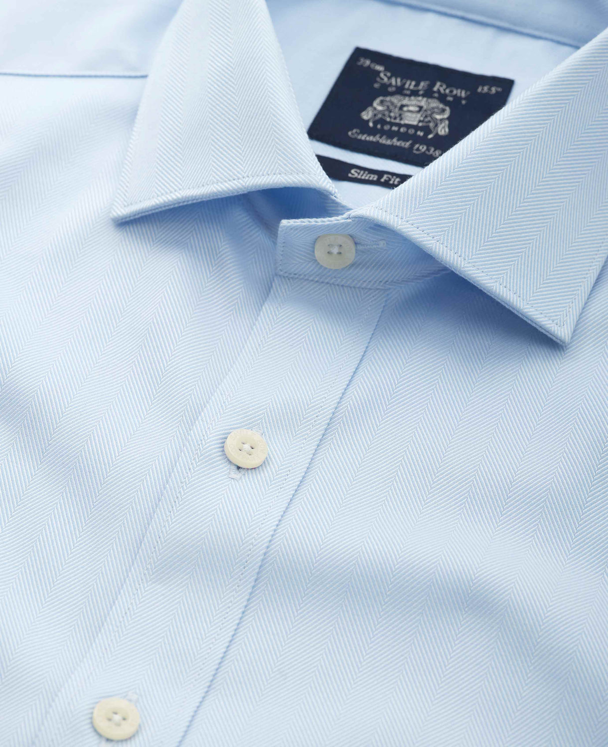 Men's Blue Herringbone Cotton Slim Fit Formal Shirt With Single Cuffs | Savile Row Company Men's Blue Herringbone Cotton Slim Fit Formal Shirt With Single Cuffs | Savile Row Company