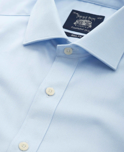 Blue Herringbone Cotton Slim Fit Formal Shirt - Single Cuff