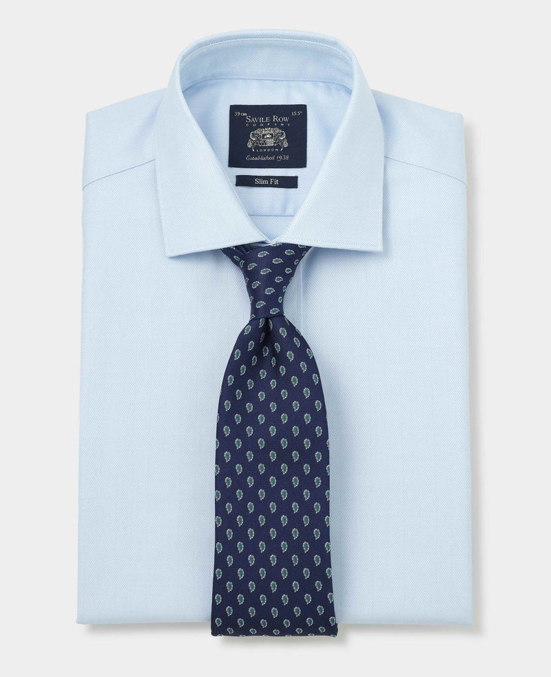 Blue Herringbone Cotton Slim Fit Formal Shirt - Single Cuff
