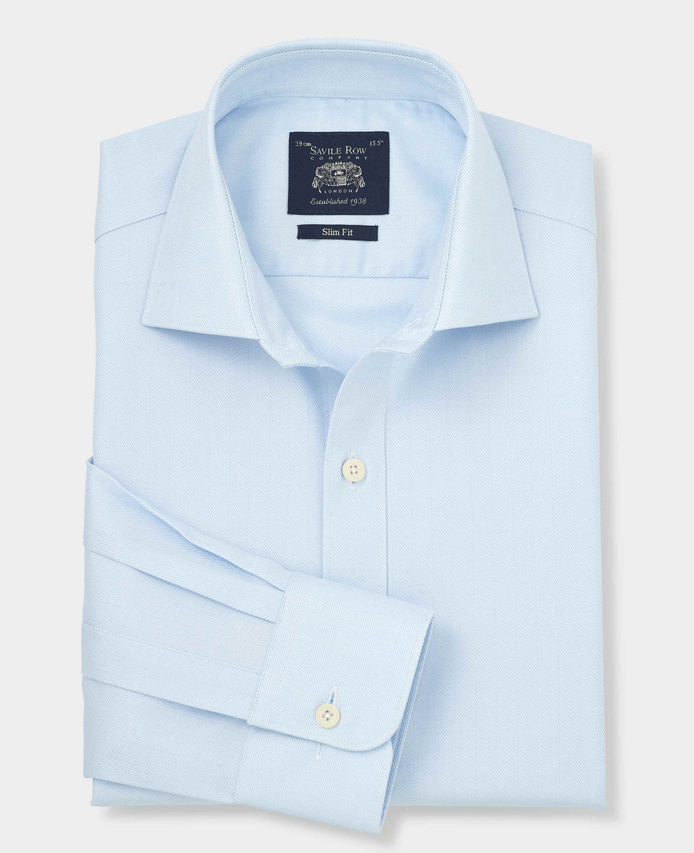 Men's Blue Herringbone Cotton Slim Fit Formal Shirt With Single Cuffs ...