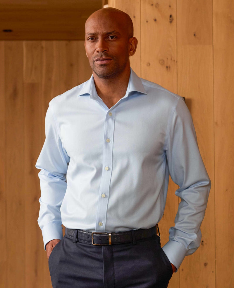 Blue Herringbone Cotton Shirt No Tie