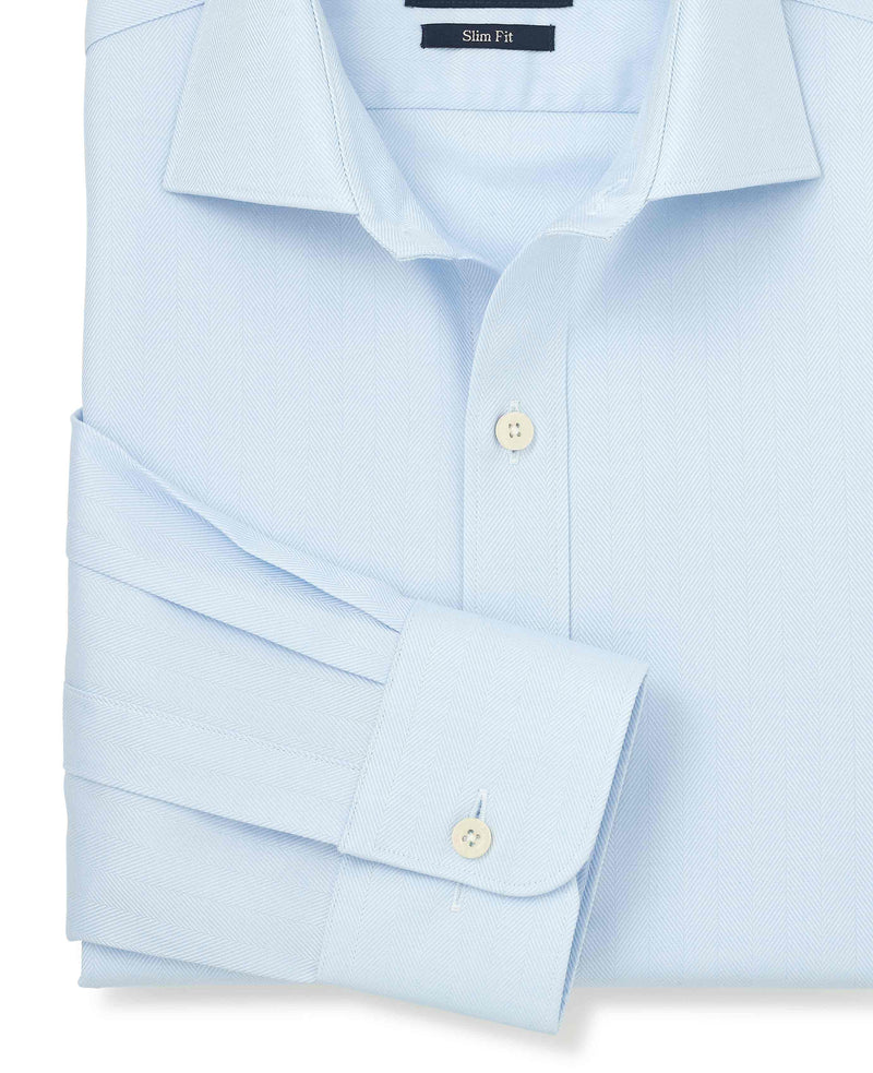 Blue Herringbone Cotton Slim Fit Formal Shirt - Single Cuff