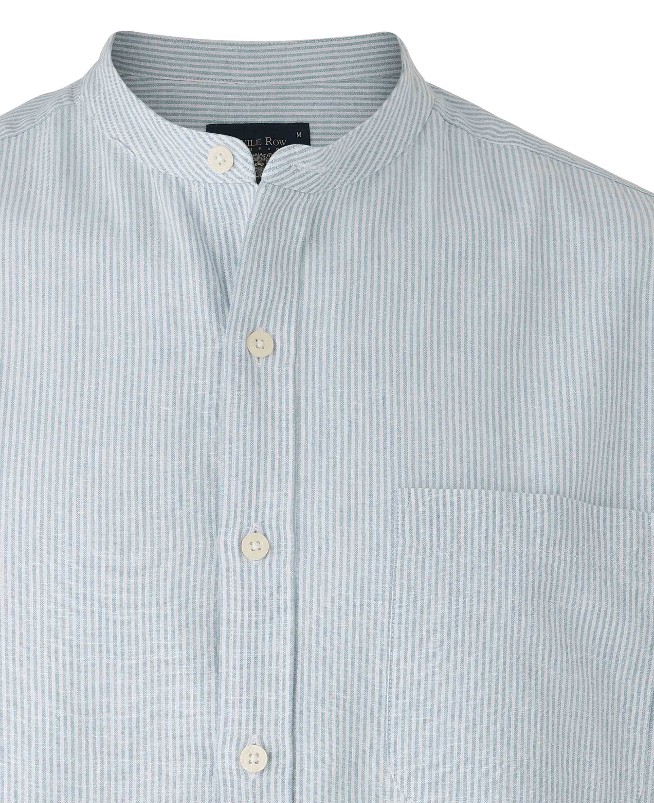 Men's Blue Linen Cotton Stripe Classic Fit Grandad Collar Casual