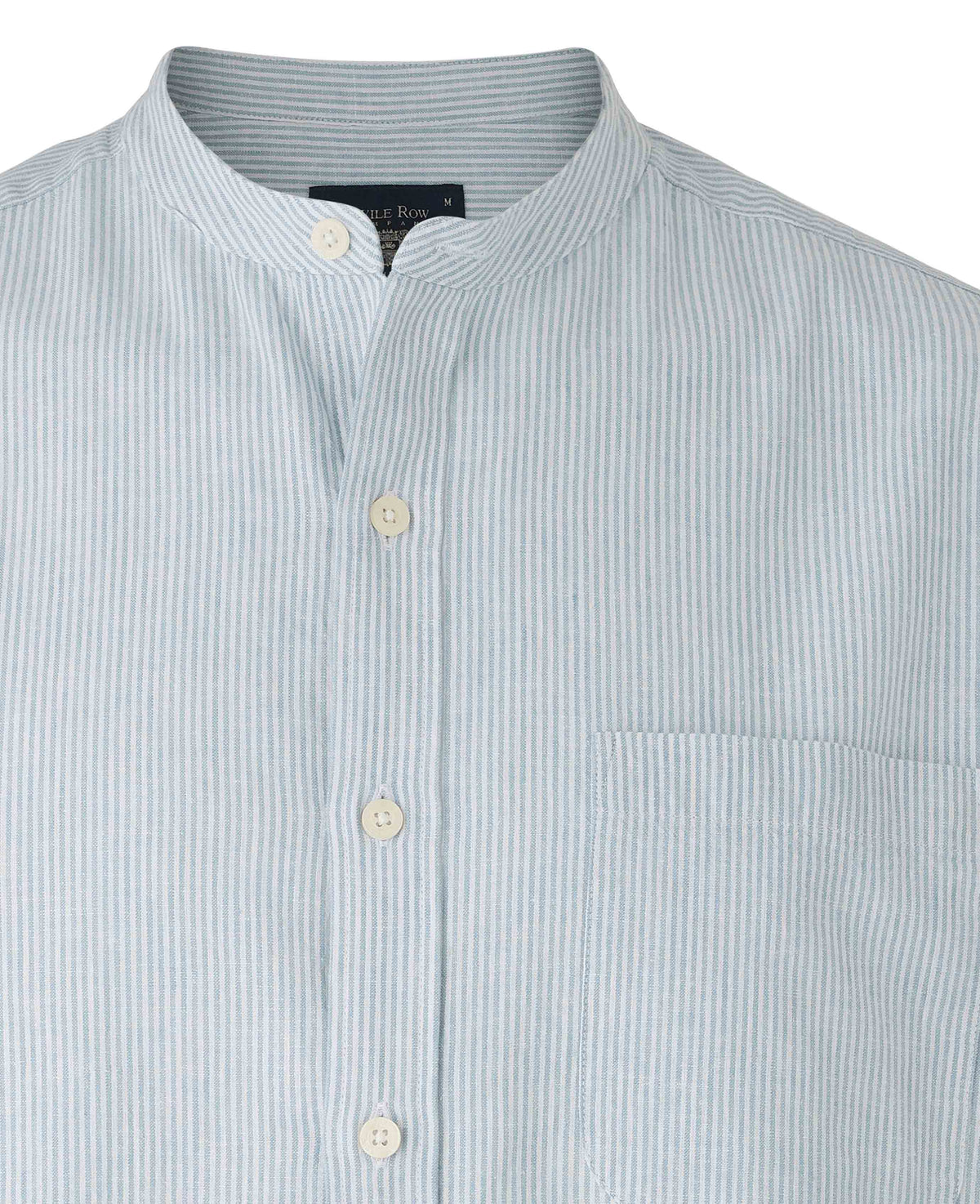 Men's Blue Linen Cotton Stripe Classic Fit Grandad Collar Casual Shirt collar detail