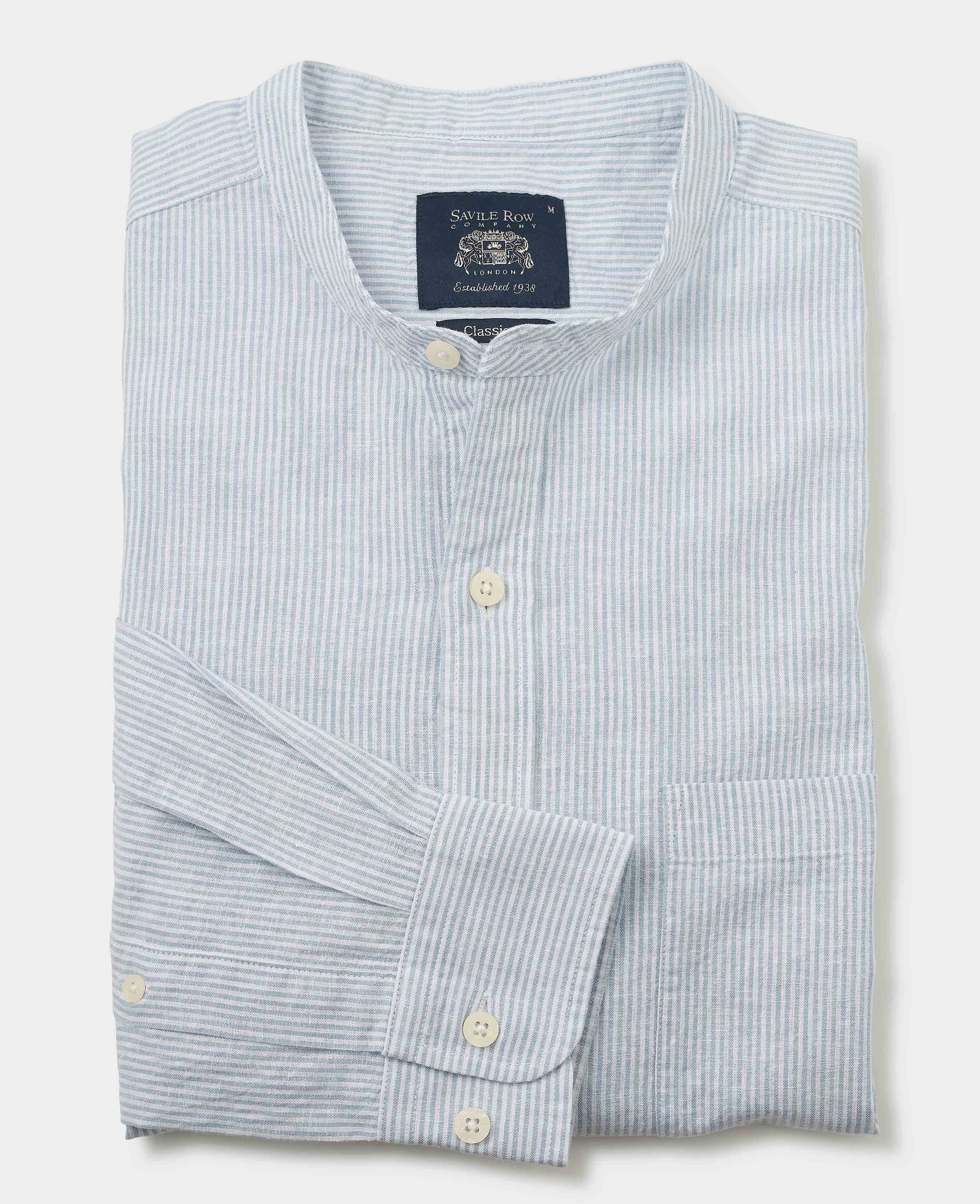 Men's Blue Linen Cotton Stripe Classic Fit Grandad Collar Casual