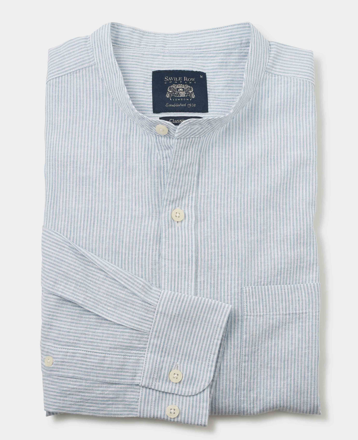 Men's Blue Linen Cotton Stripe Classic Fit Grandad Collar Casual Shirt folded