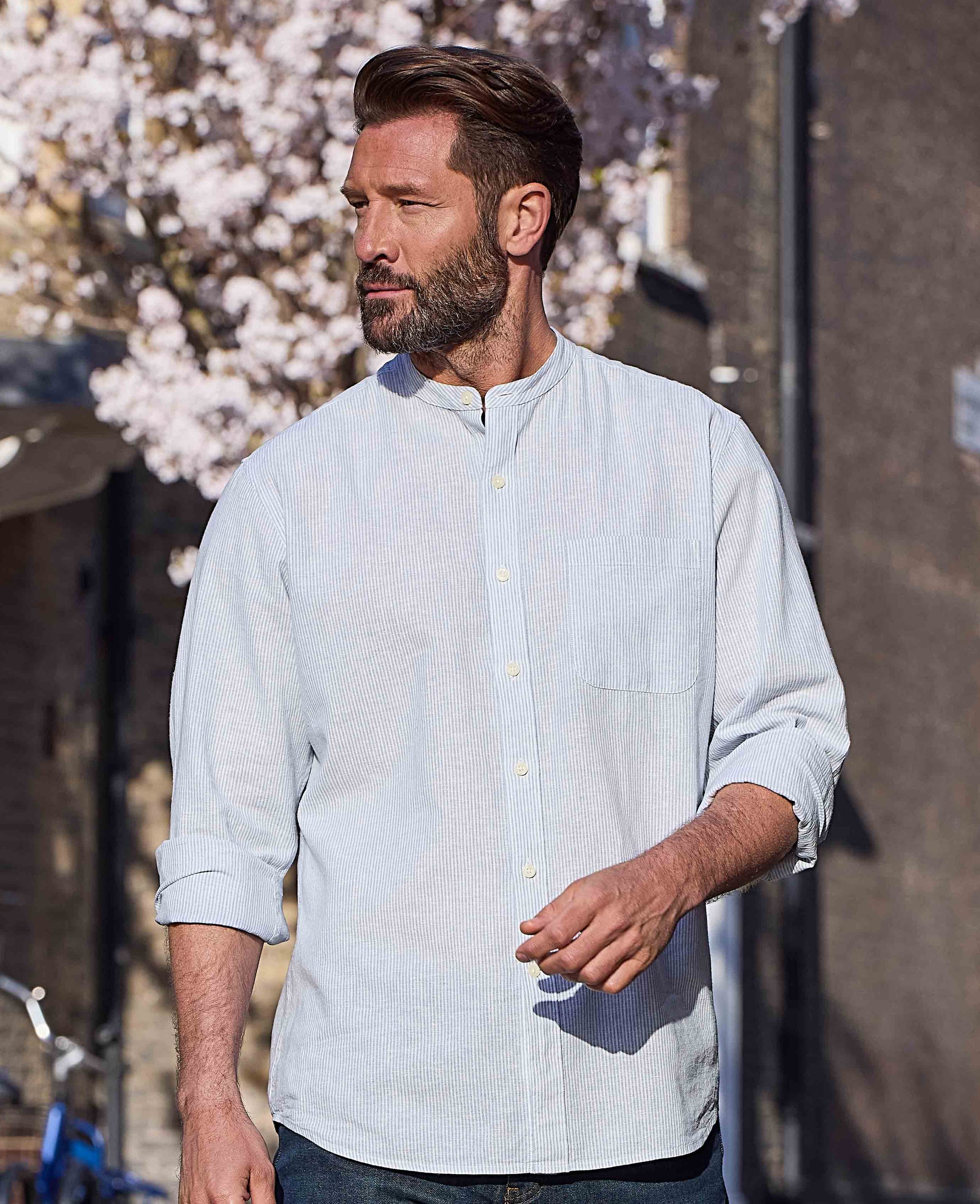 Men's Blue Linen Cotton Stripe Classic Fit Grandad Collar Casual Shirt | Savile Row Company Men's Blue Linen Cotton Stripe Classic Fit Grandad Collar Casual Shirt | Savile Row Company