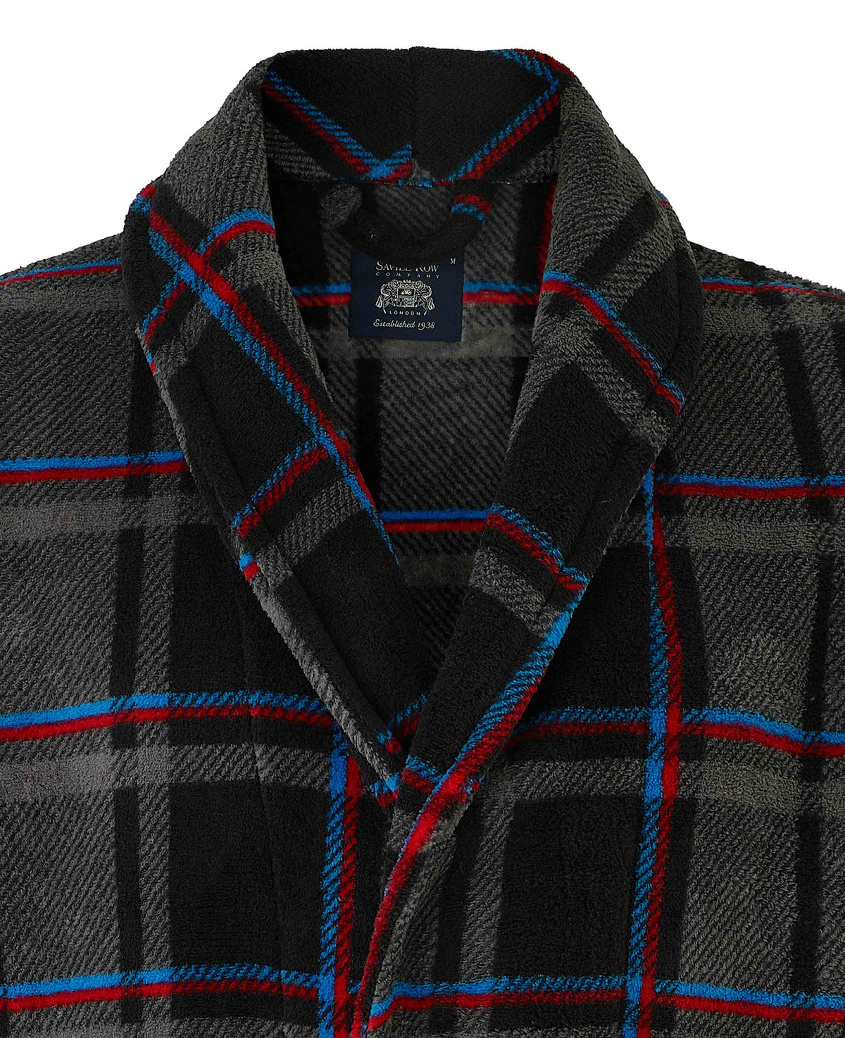 Men's Blue Multi Check Super Soft Fleece Dressing Gown collar detail