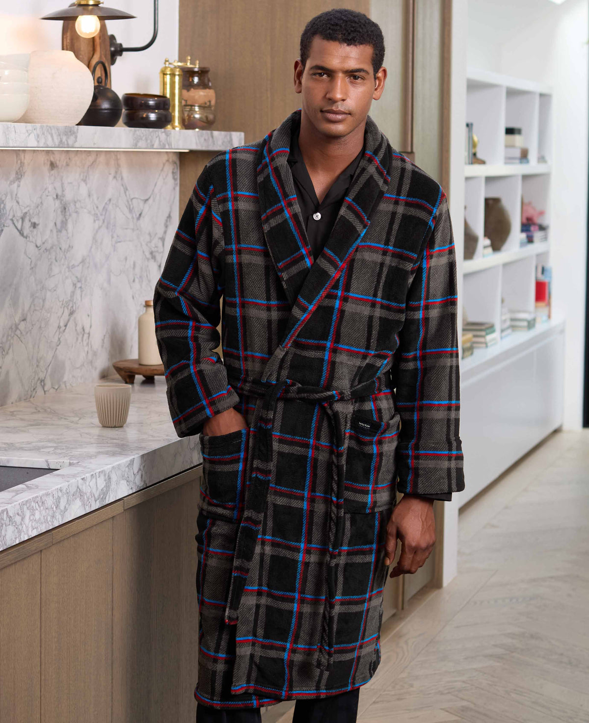 Men's Blue Multi Check Super Soft Fleece Dressing Gown model shot