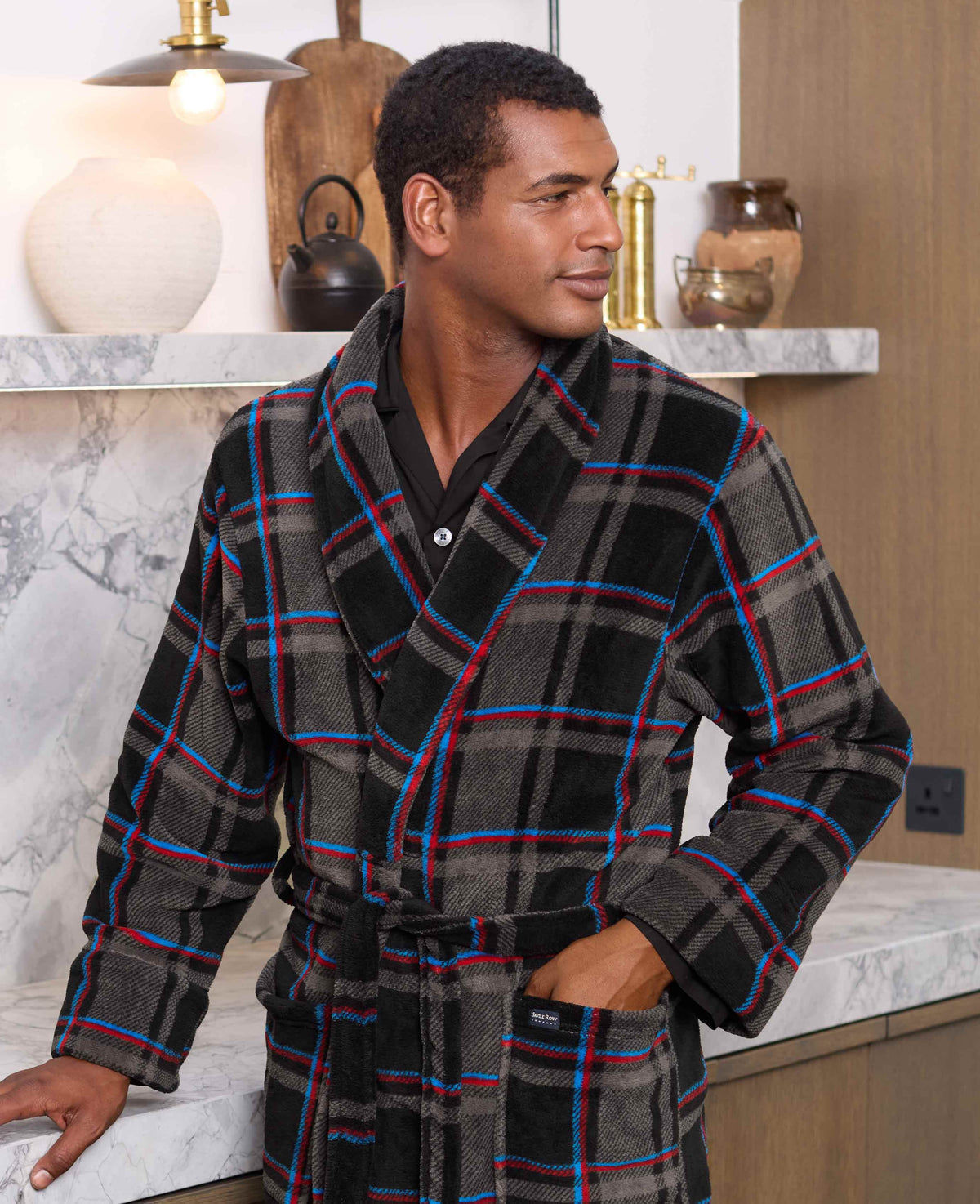Men's Blue Multi Check Super Soft Fleece Dressing Gown model shot