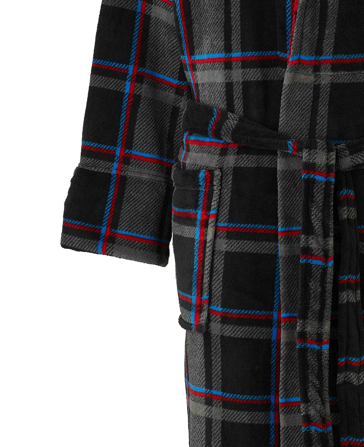 Men's Blue Multi Check Super Soft Fleece Dressing Gown pocket detail