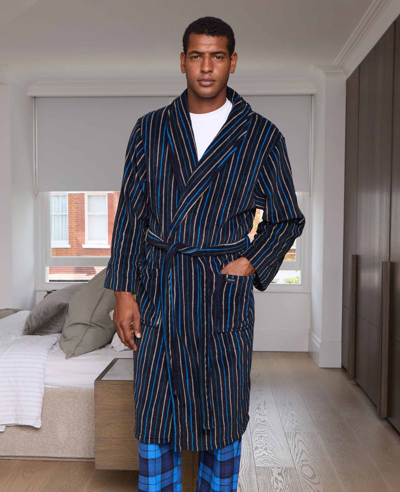 Blue Multi Stripe Super Soft Fleece Dressing Gown