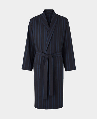 Blue Navy Brushed Cotton Twill Stripe Dressing Gown
