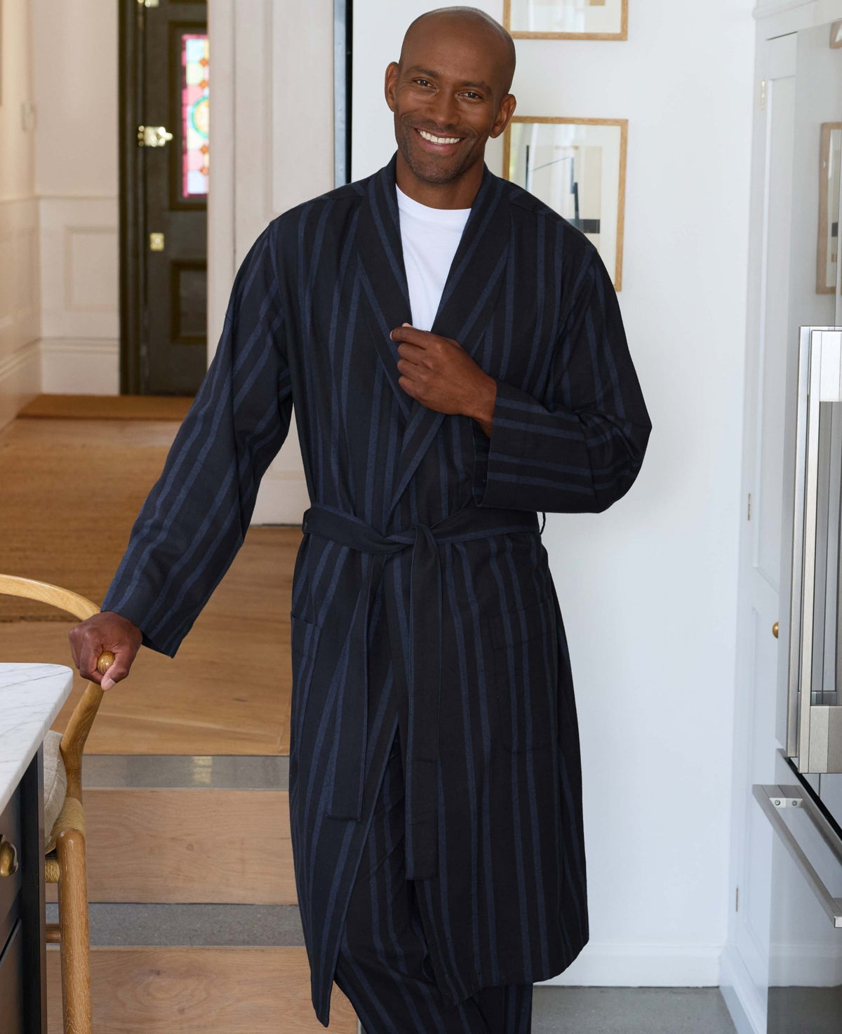 Blue Navy Brushed Cotton Twill Stripe Dressing Gown