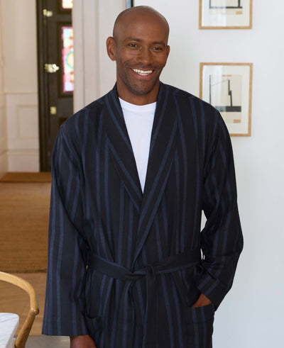 Blue Navy Brushed Cotton Twill Stripe Dressing Gown