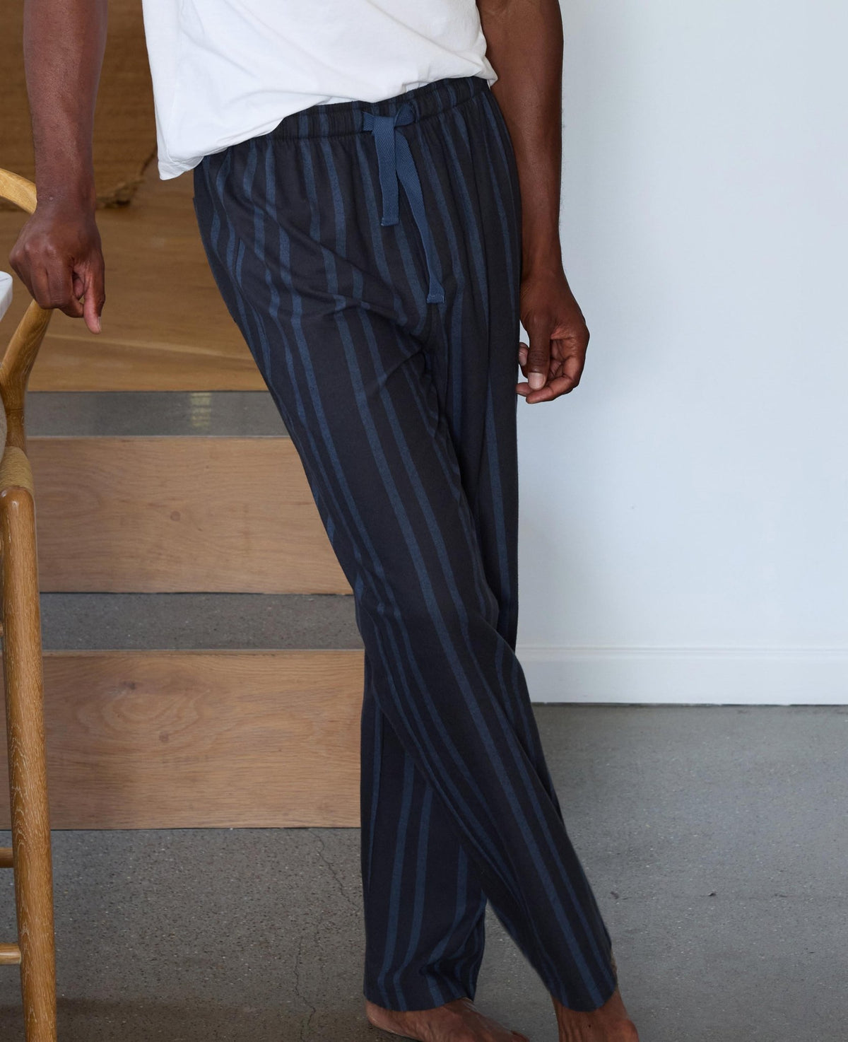 Blue Navy Brushed Cotton Twill Stripe Lounge Pants