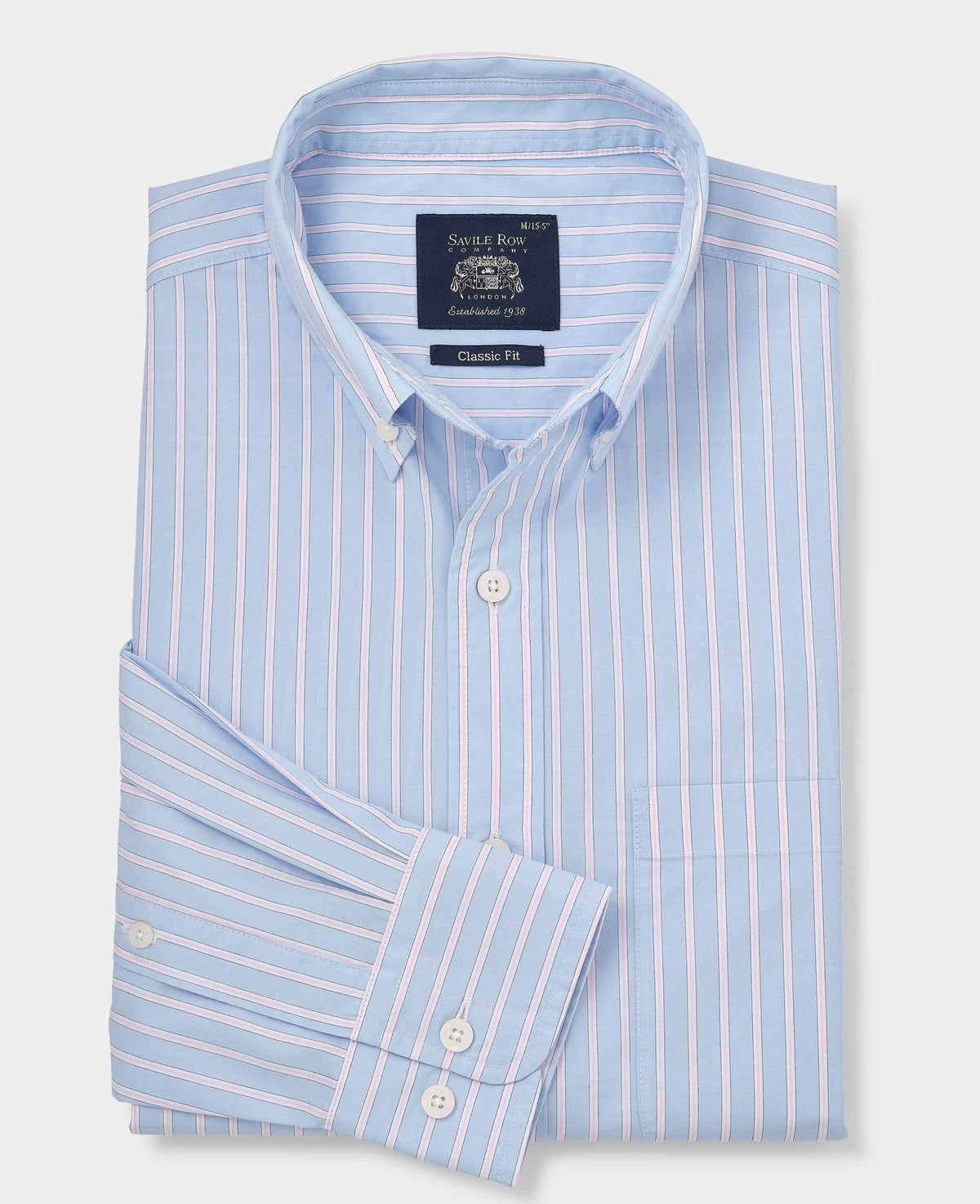 Men's Blue Pink Cotton Poplin Classic Fit Stripe Button-Down Smart Casual Shirt folded shot
